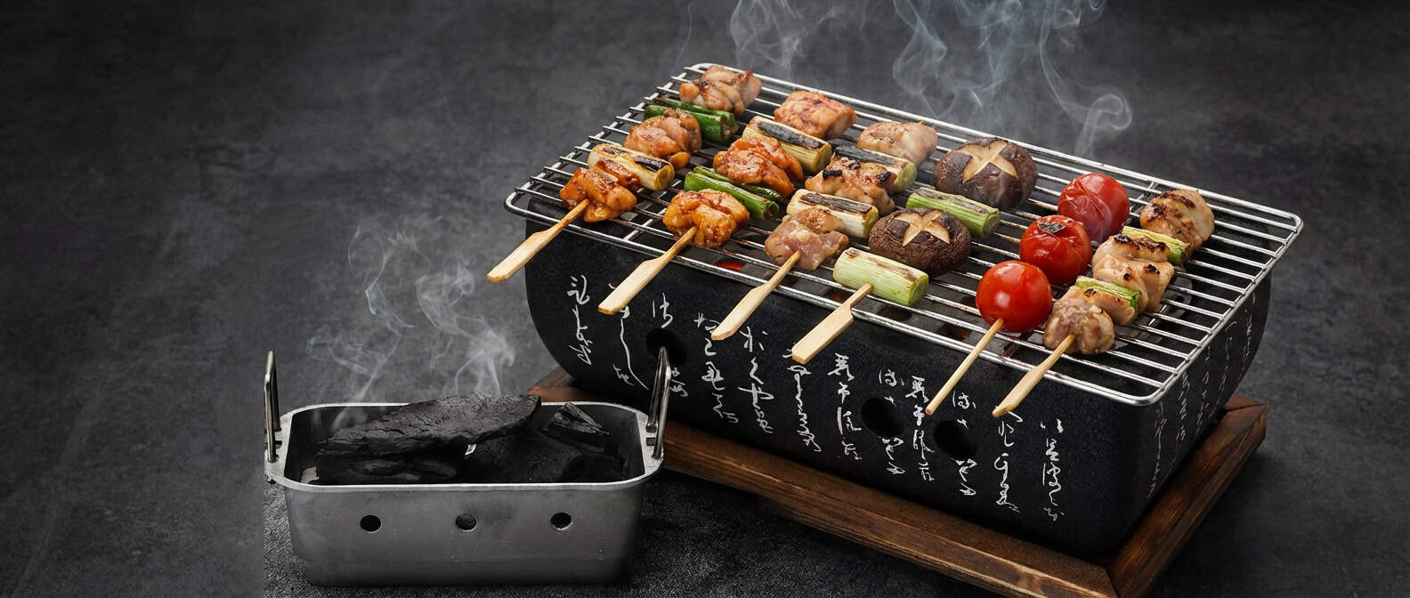 그릴에 구운 skewers와 연기